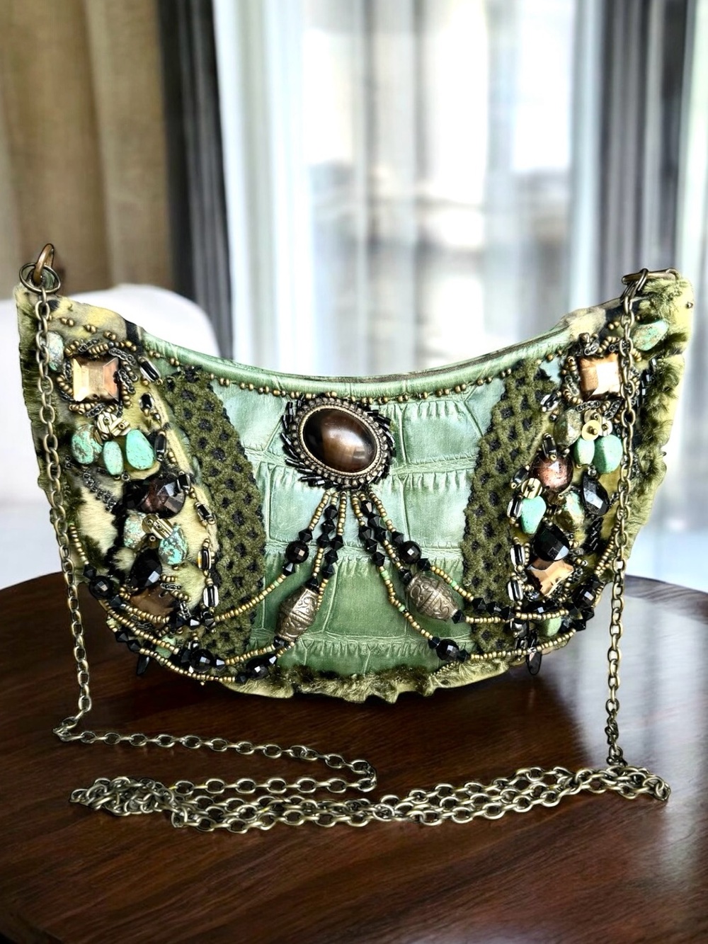 🆕 Mary Frances Beaded Aligator Leather Fur Crossbody Shoulder Bag Collectible